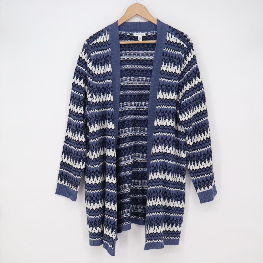 Croft & Barrow Cardigan Womens 2X Fair Isle Blue Open Front Longline Excellent